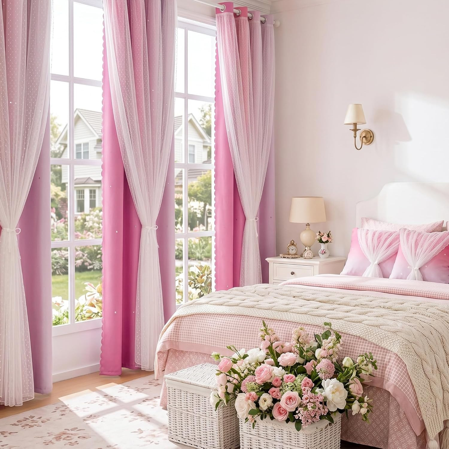 Pink Curtains 84 Inches Long Star Cut Out Decor for Girls Bedroom Kids Room Ombr
