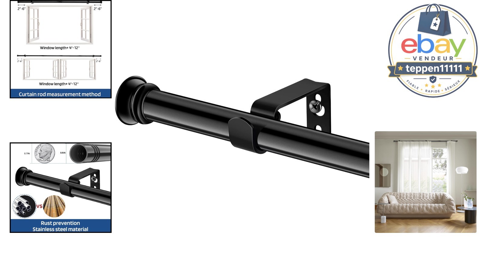 Small Curtain Rods 30″ to 45″ Decorative Black 5/8 Inch Easy Install