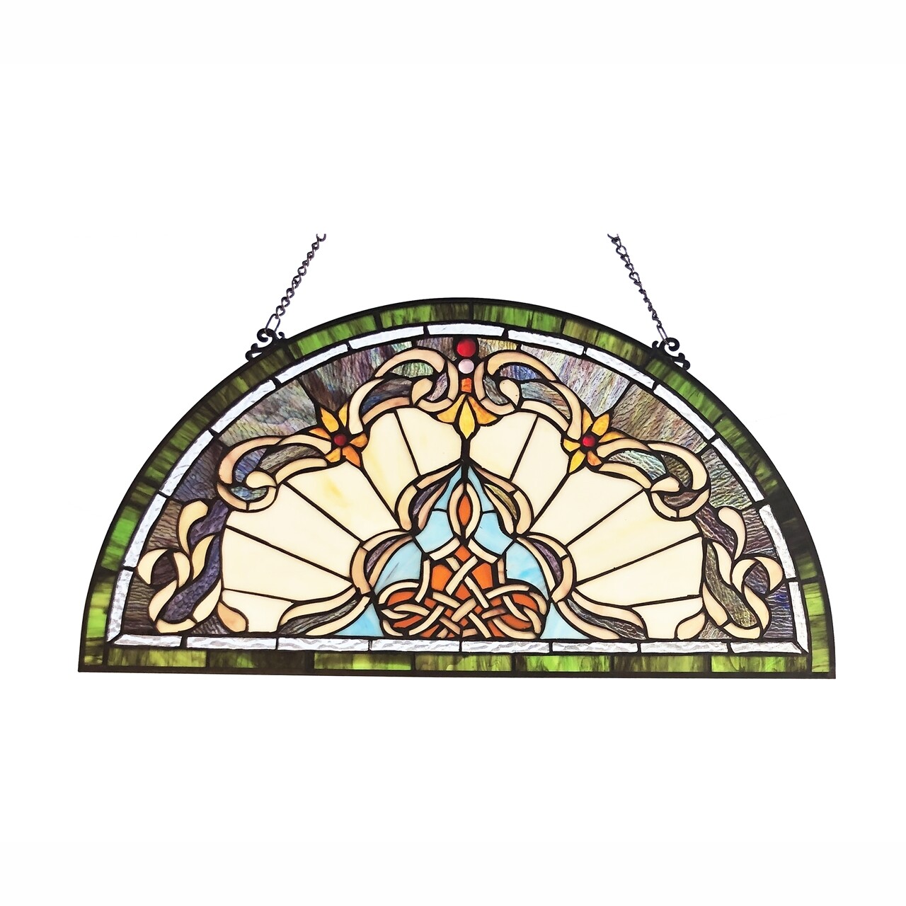 Stained Glass Window Panel Victorian 24″ Half Moon Tiffany Style ONE THIS PRICE