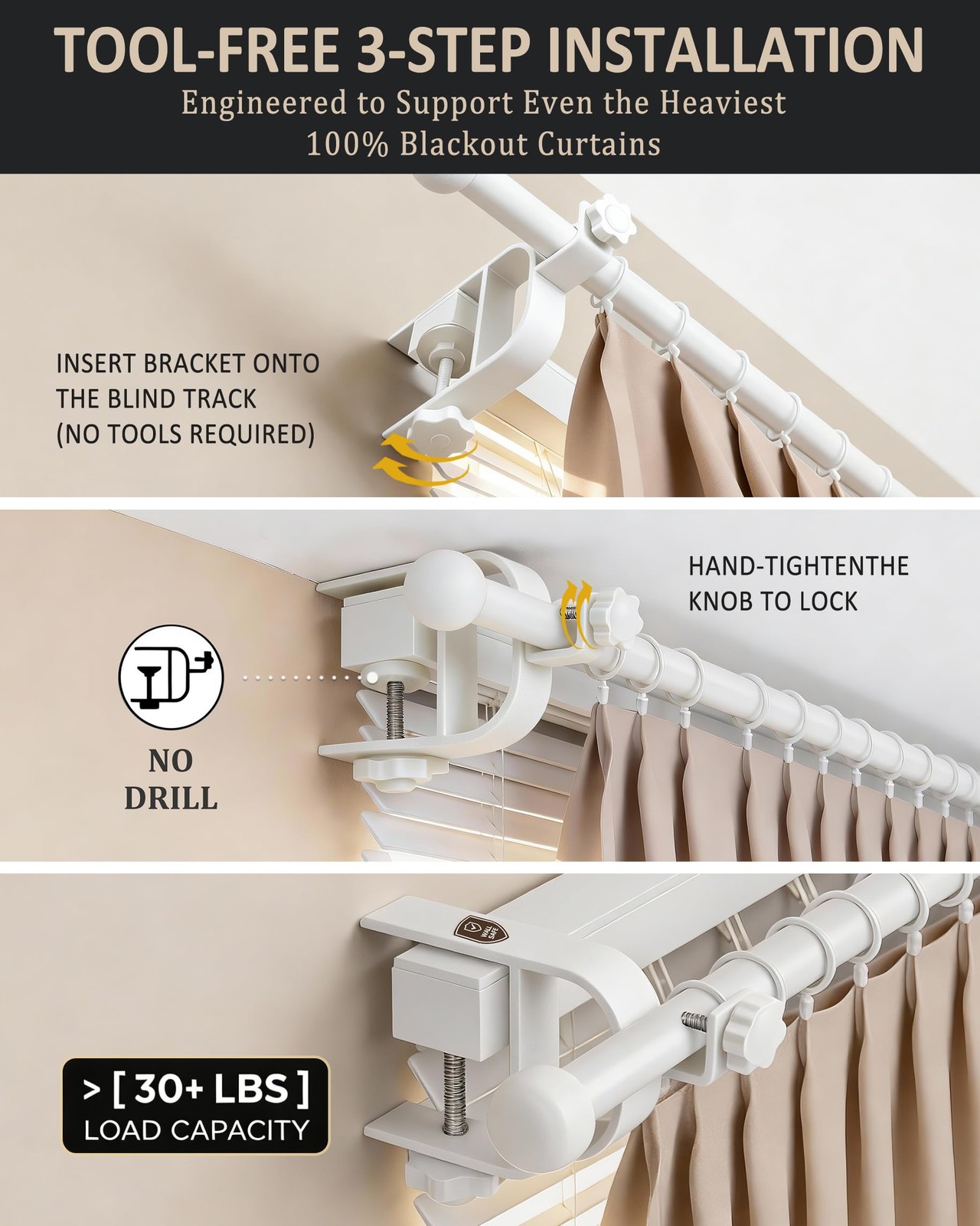 No Drill Curtain Rod Brackets, Inside/Outside Mount, White 4 Pack
