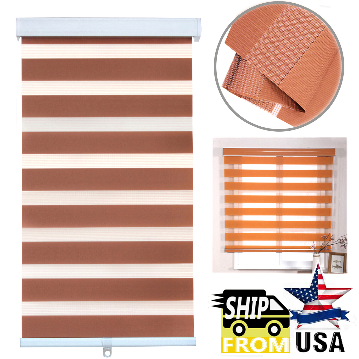 HTTMT- Zebra Roller Blinds [(W)32“ x (H)72”] Brown, Cordless, Dual Layer Shades,