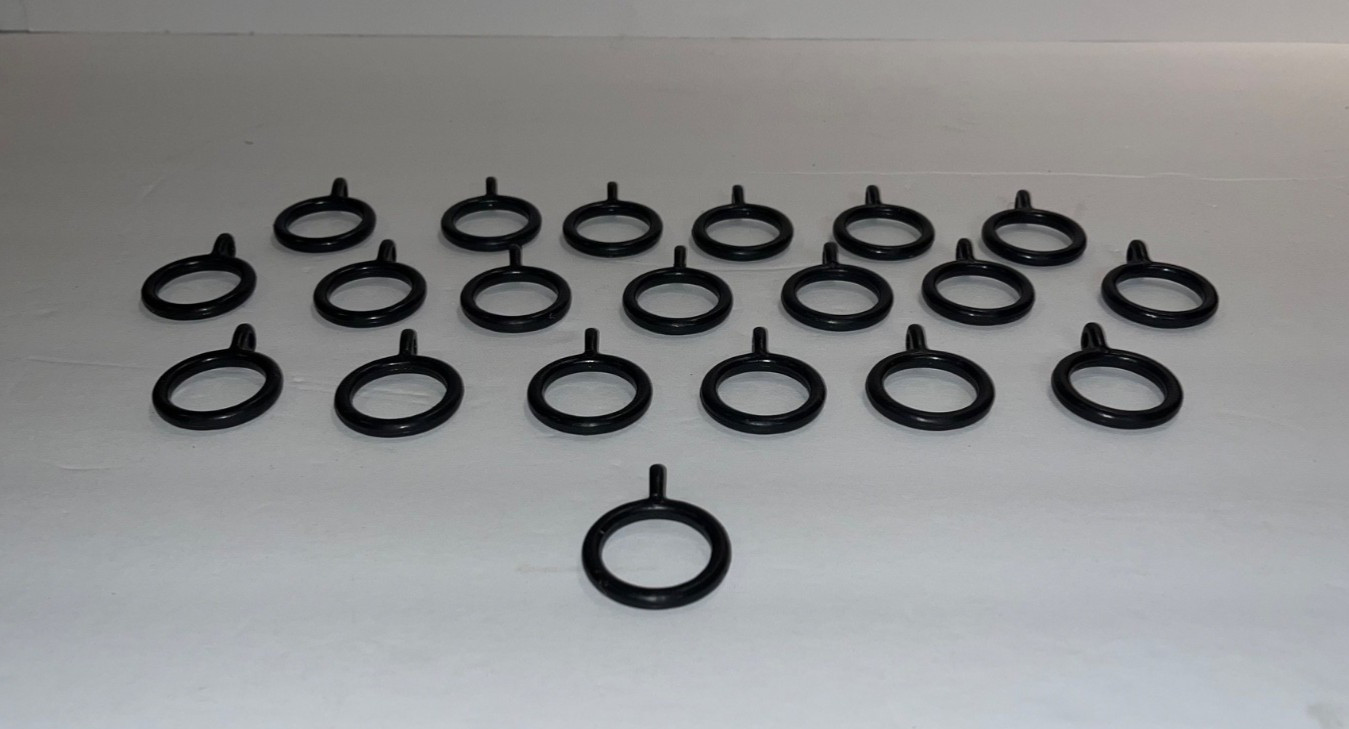 Lot 20 Great Black Plastic Drapery Curtain Rings w/ Hook Loops 1.5” wide 2” long