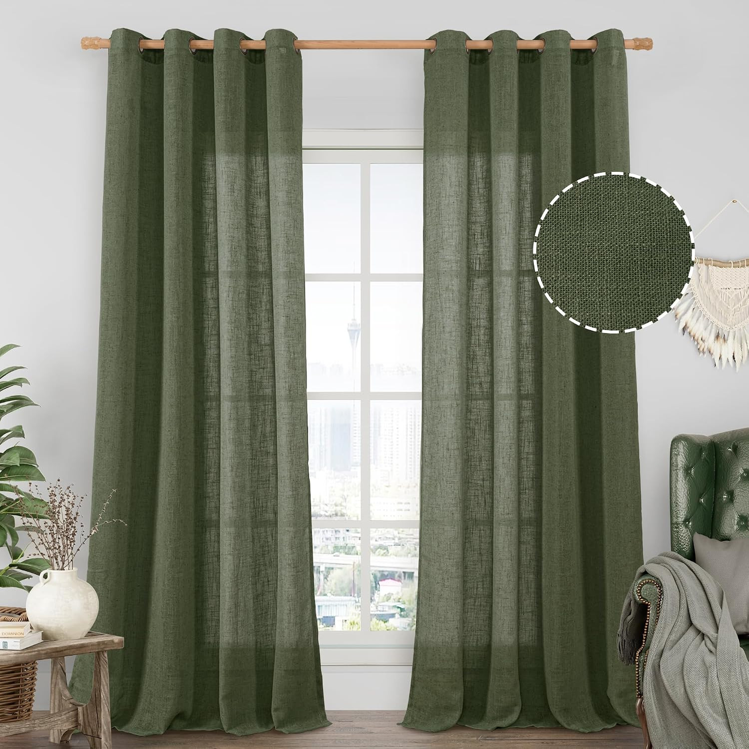 LAMIT Olive Green Sheer Linen Curtains 84 Inches Long for Living Room, Light Fil