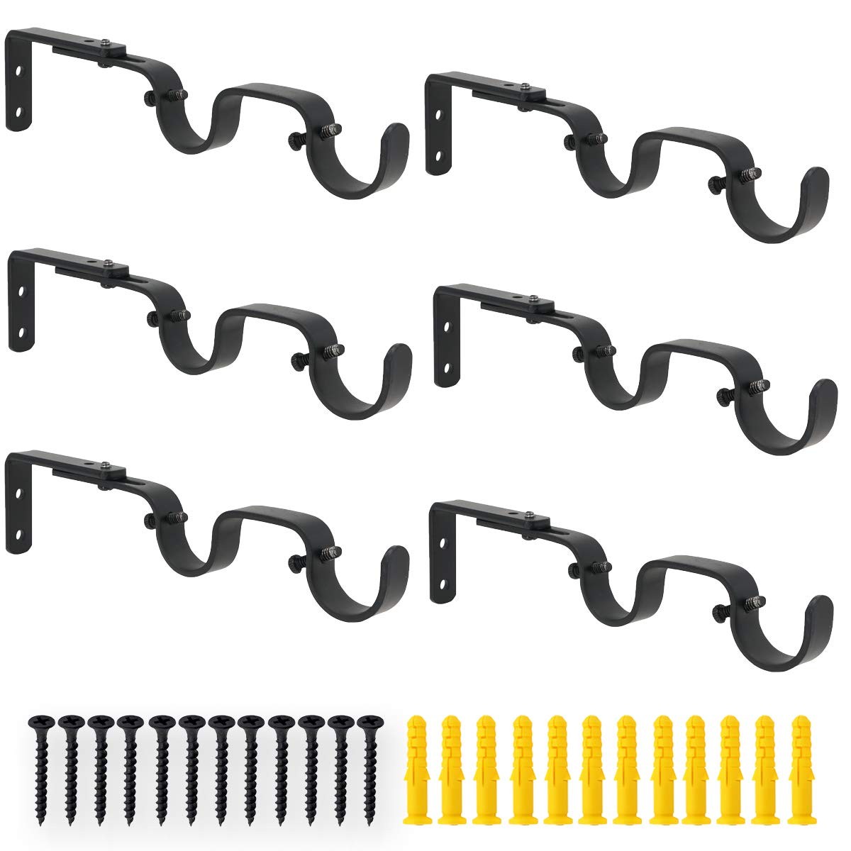 6 PCS Double Curtain Rod Brackets Heavy Duty Adjustable Holders 1 Inch Black