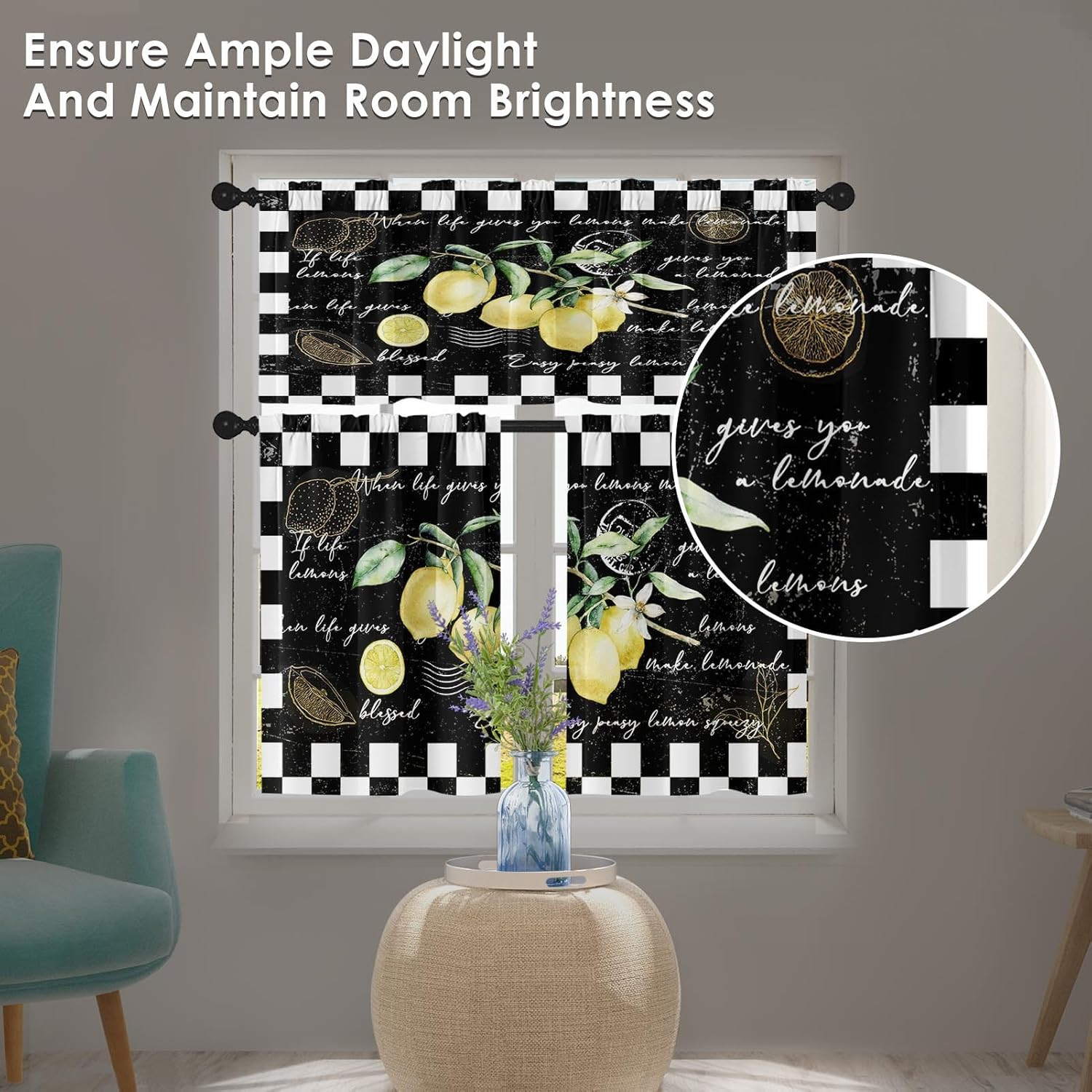 Lemon Kitchen Window Curtains Valance and Tier Set 36 Inch Fruit Black White Che