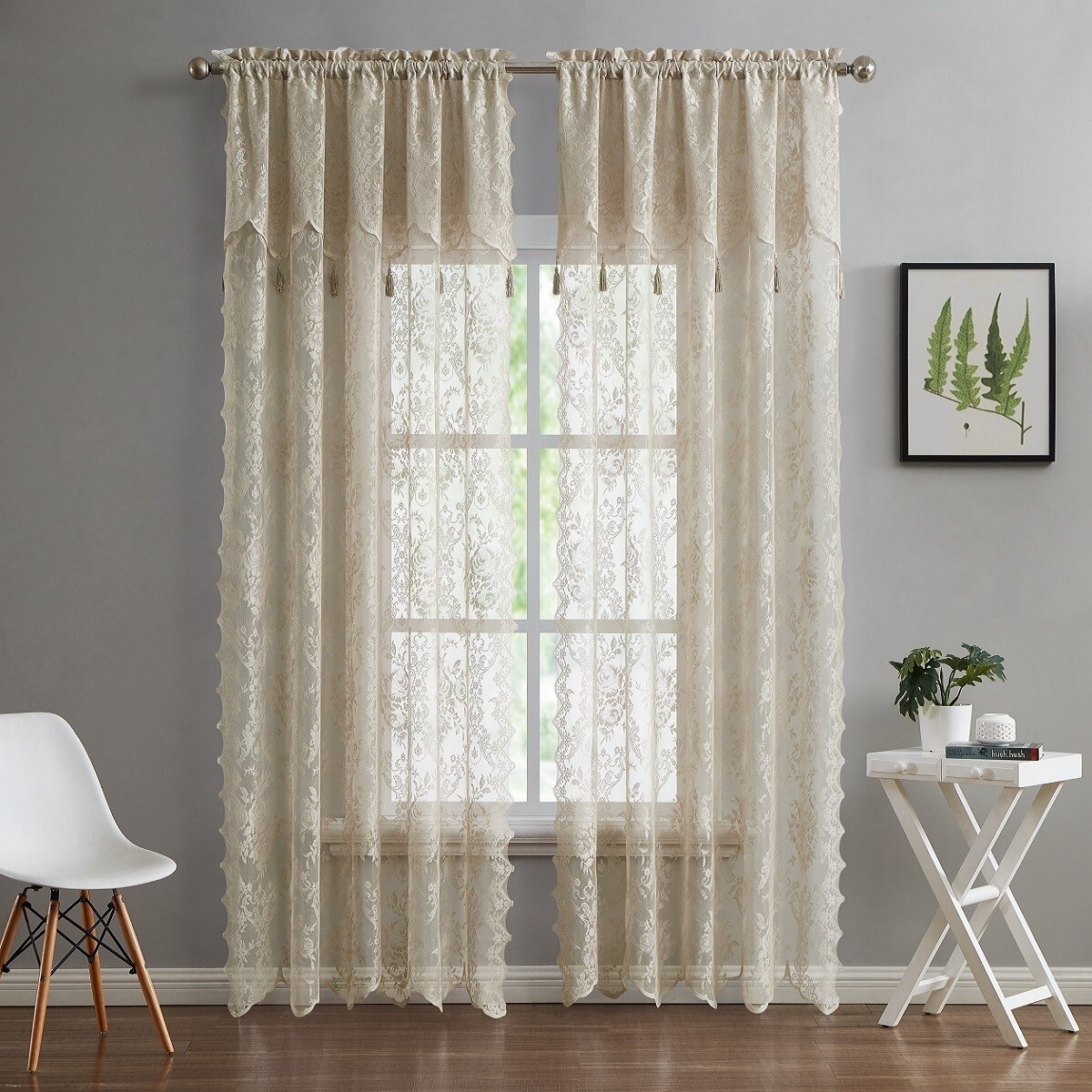 WARM HOME DESIGNS Pair of 2 Sheer Lace Curtains with Attached Valances & Tassels