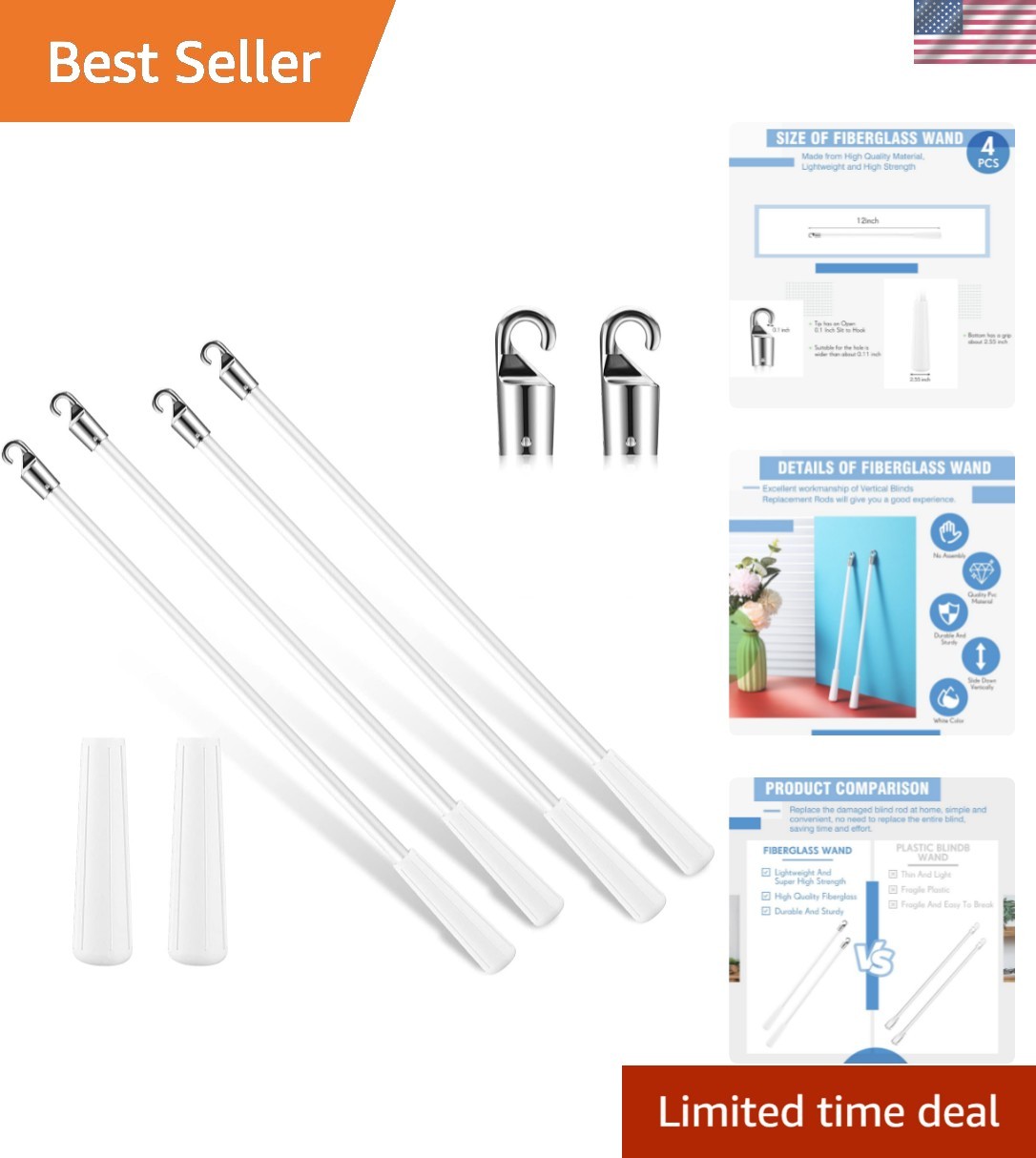 4 Pcs Blinds Wand Replacement with Hook and Handle White Fiberglass Long Vert…