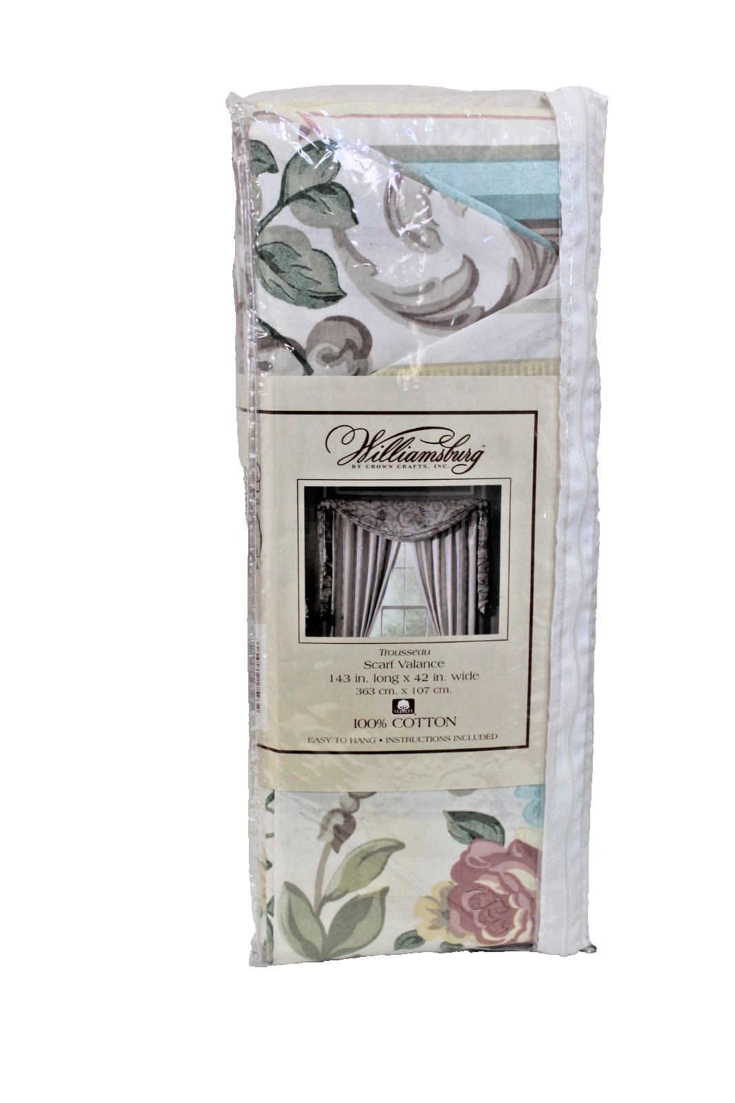 Williamsburg by Crown Crafts Trousseau Scarf Valance Vintage USA Green, Rose New