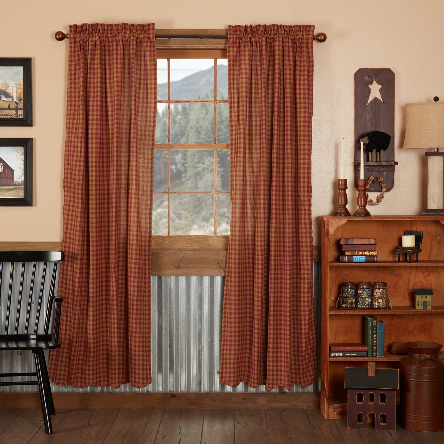 Primitive 84″x40″ Panel Pair Red Rod Pocket Burgundy Window Curtains VHC Brands