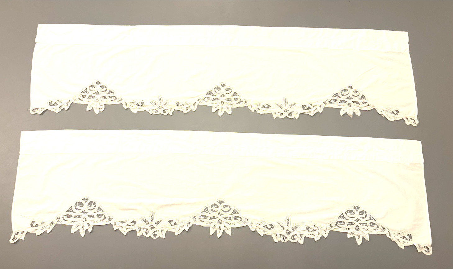 Pair 2 Beautiful Battenburg Lace Embroidered Cotton Curtain Valances Ivory Ecru