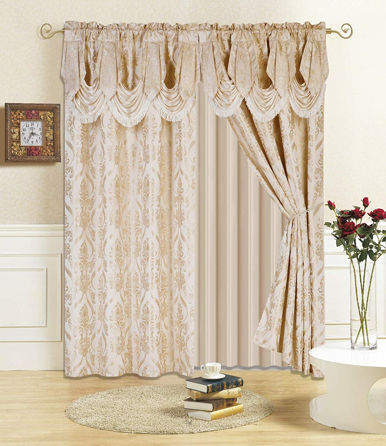 Set 2 Solid Beige Fringe Damask Curtains Panels Drapes Valance 63 84 96 inch L