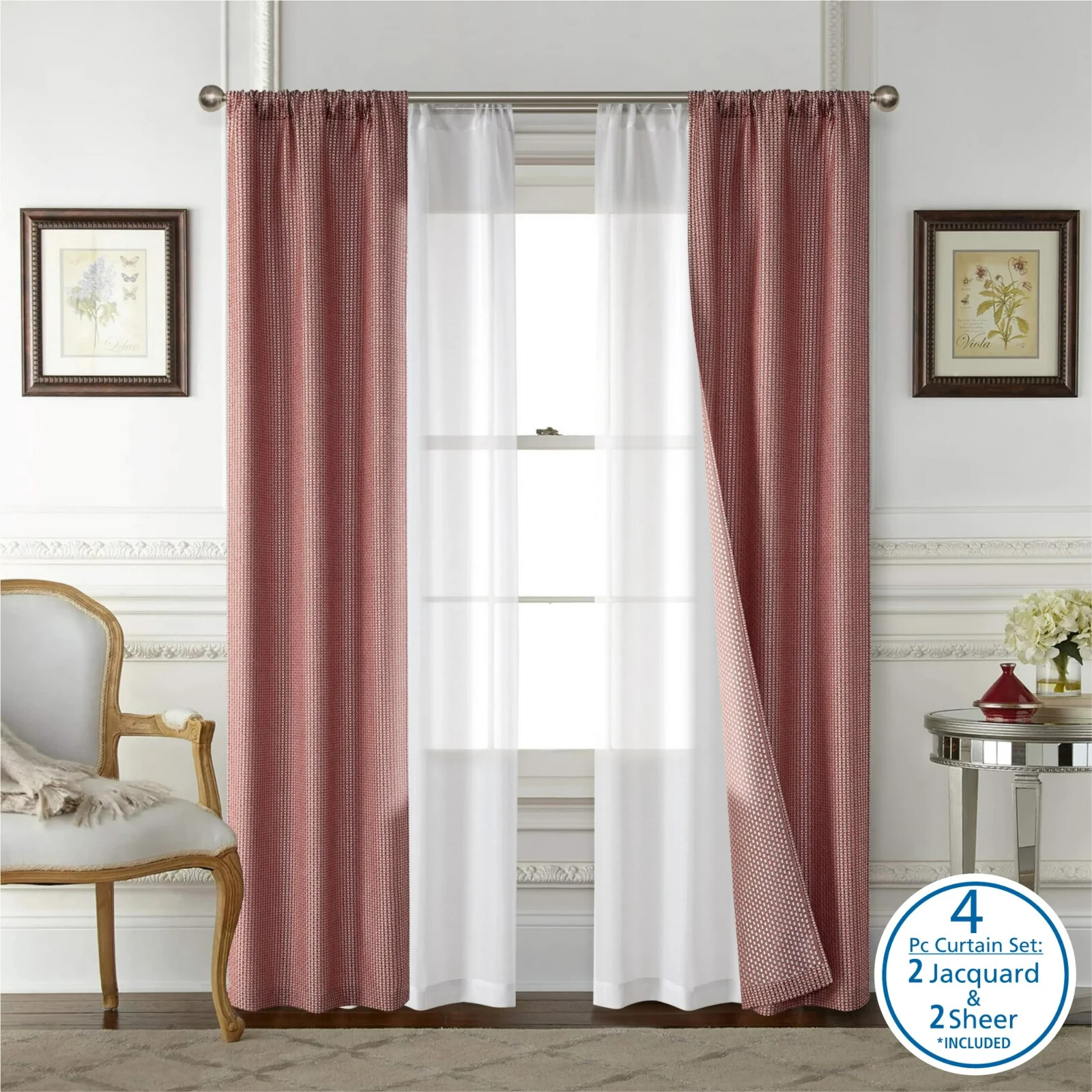 Mainstays 4 Piece Wave Jacquard Curtain Panel Set, 27.5″ x 84″ Each Panels, Red