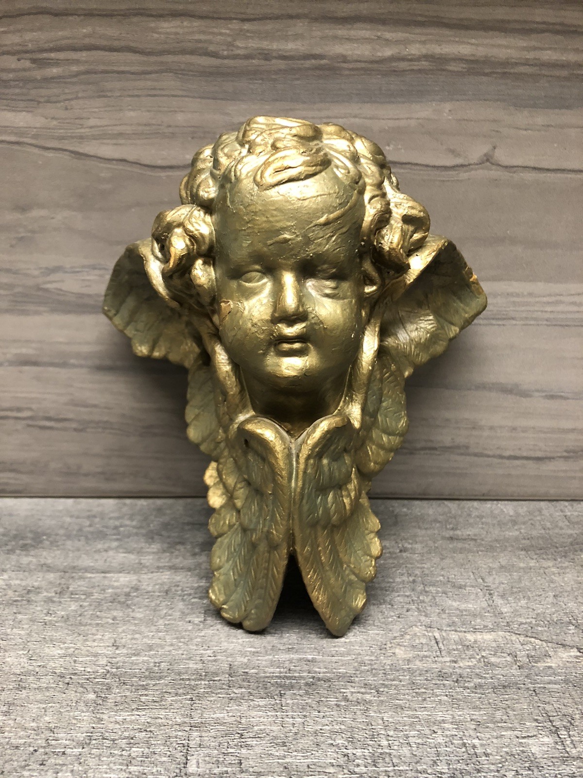 VTG Angel Cherub Bust Plaster Gold Gilt Drapery Curtain Rod Holder 1 1/4” Hole