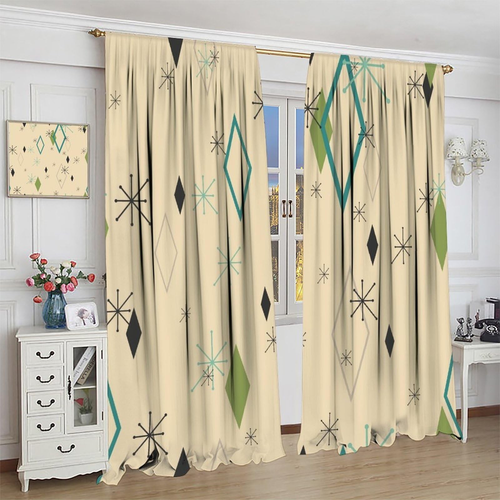 Mid Century Modern Curtains, Abstract Atomic Starburst Geometric Diamond Patt…