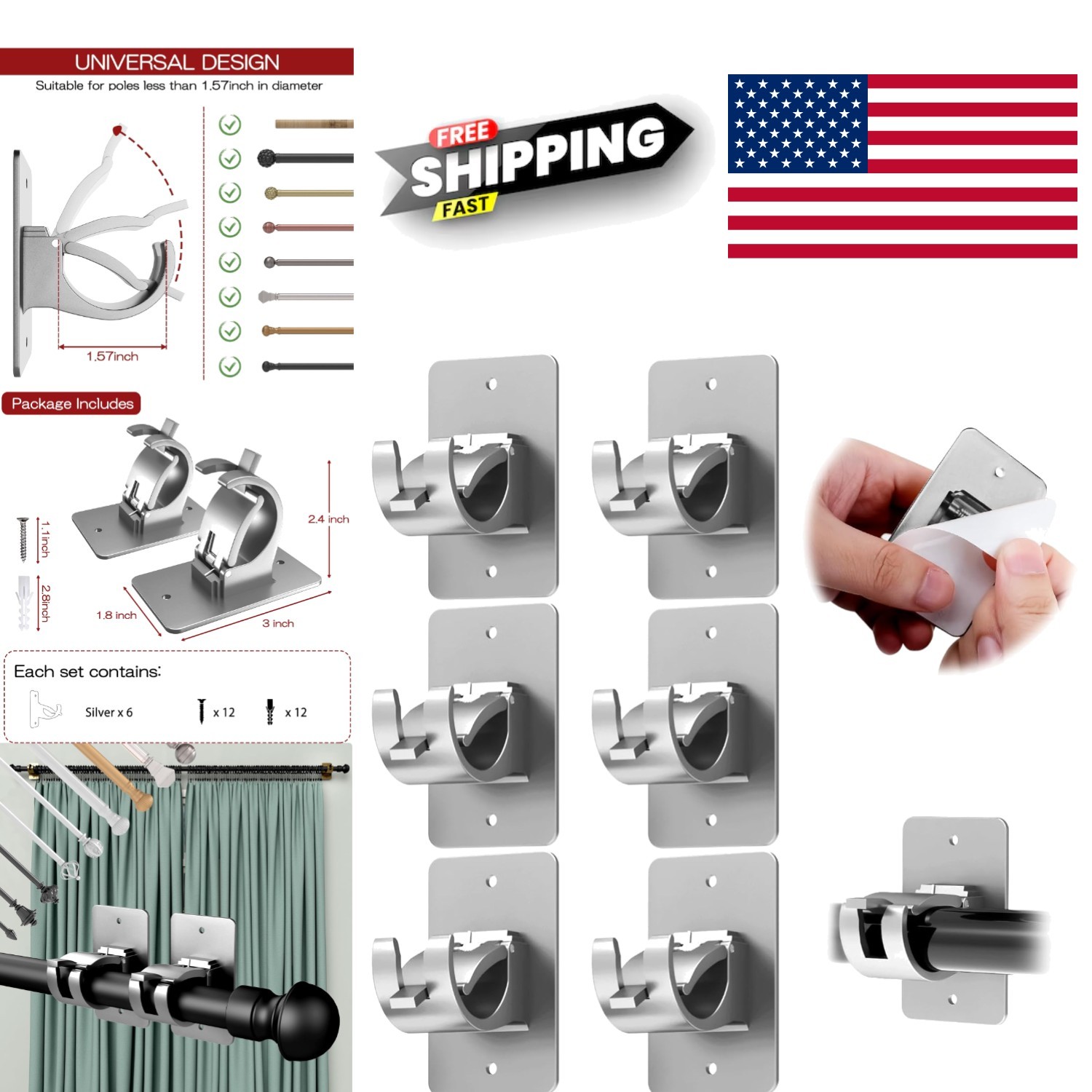 Self Adhesive Curtain Rod Brackets 6 Pcs Plastic Holders Easy Install Sliver