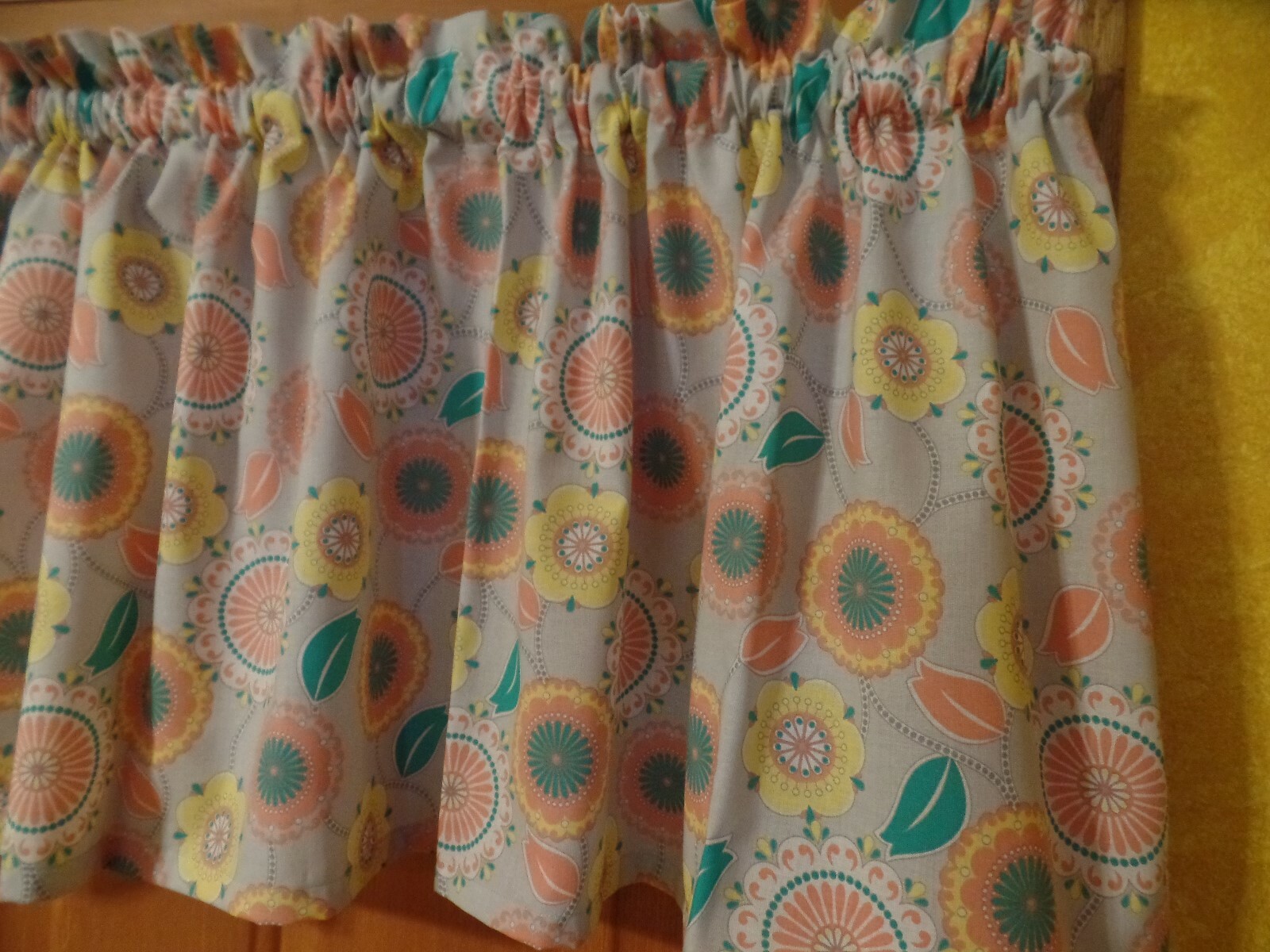 Gray With Fancy Round Flowers, Coral, Teal Grn, Yellow, Handmade Window VALANCE