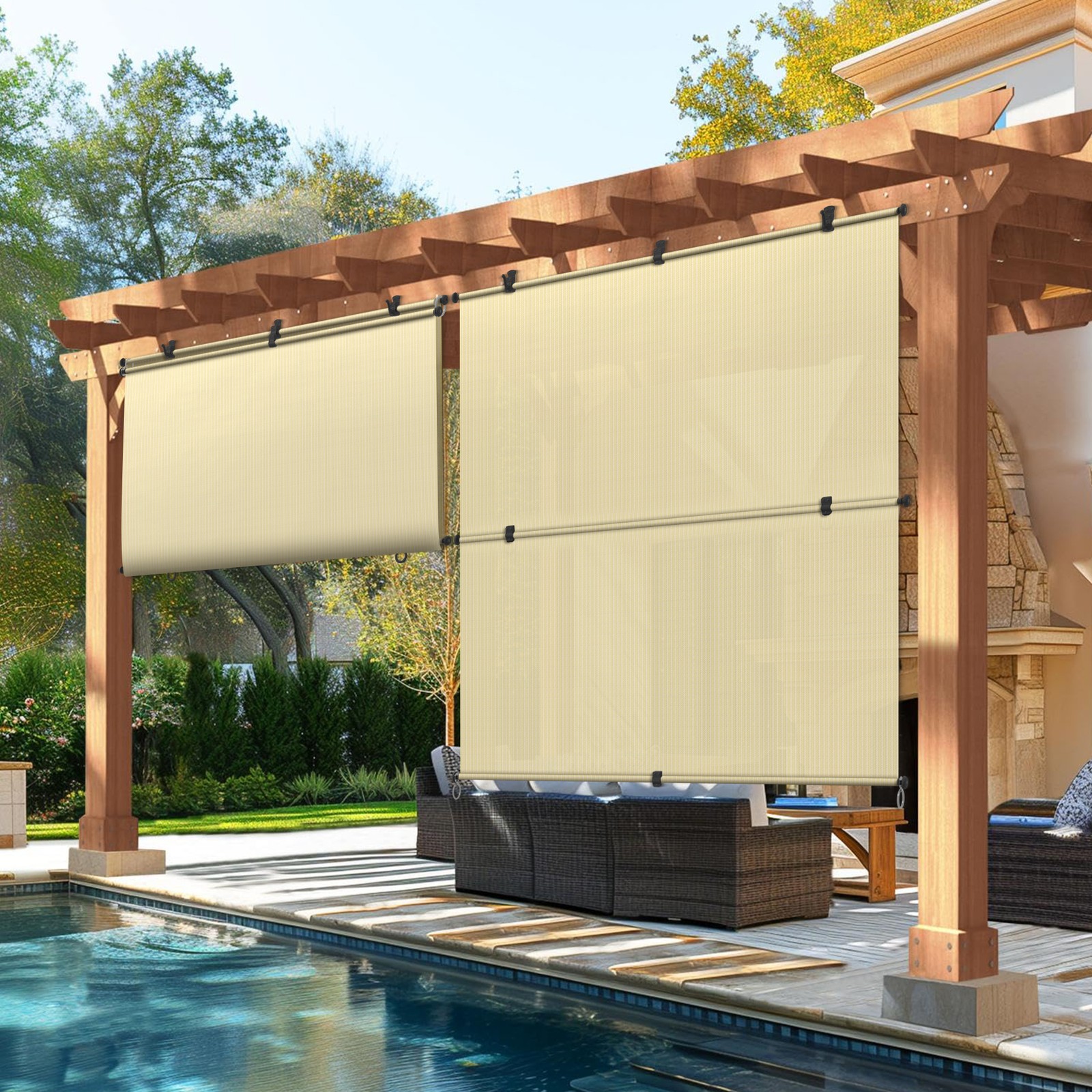 Foldable Roller Shade UV Roll Up Blind for Patio Deck Gazebo Porch Beige Custom
