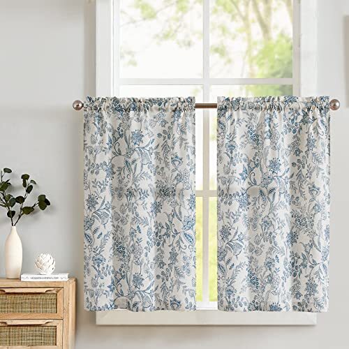 Kitchen Curtains Tier Curtains Linen Curtains W26 x L24 Floral Blue on Beige
