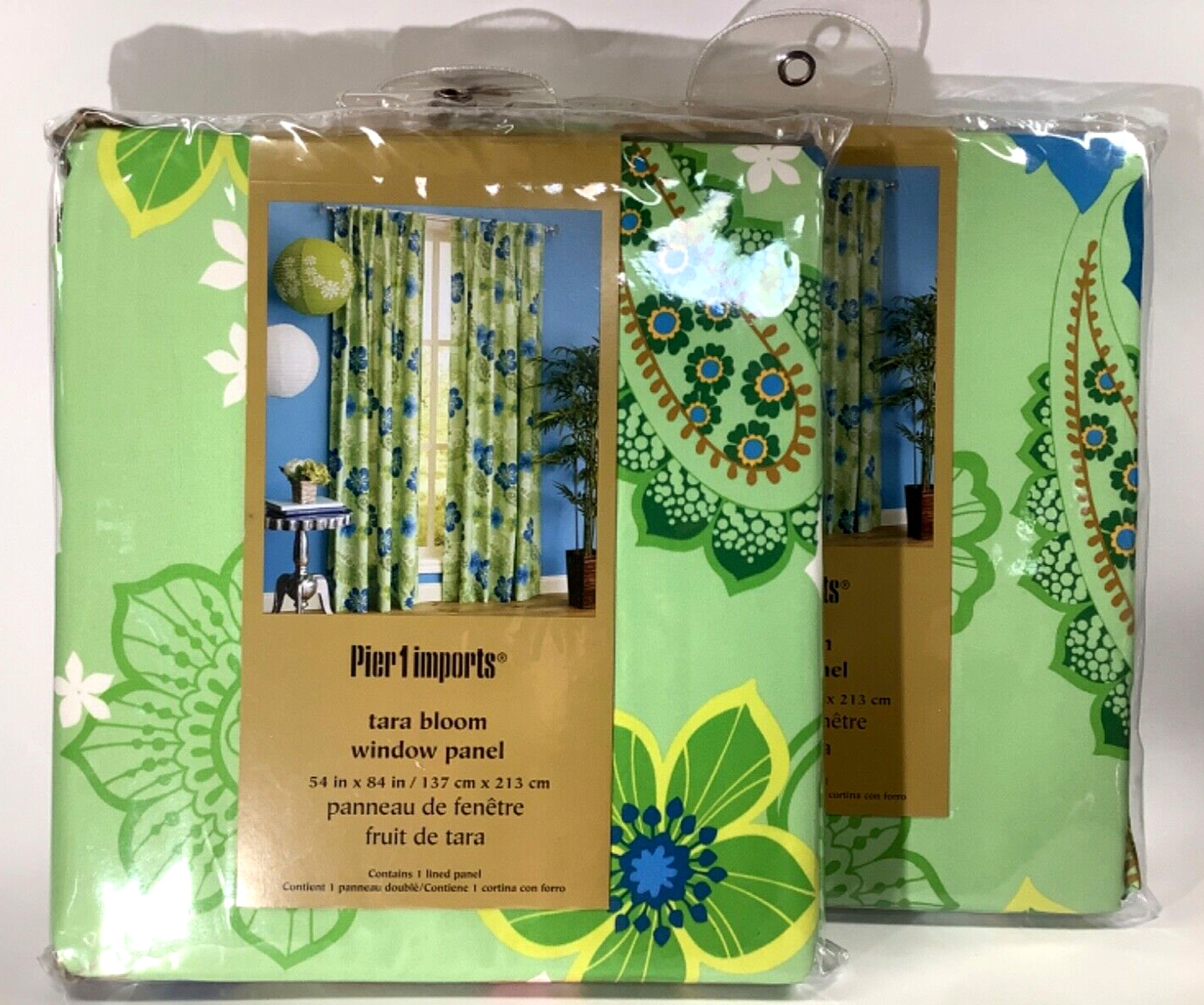 Pier 1 Imports Tara Bloom Lined Window Curtain Panel (2) 54″ x 84″ Lime Paisley