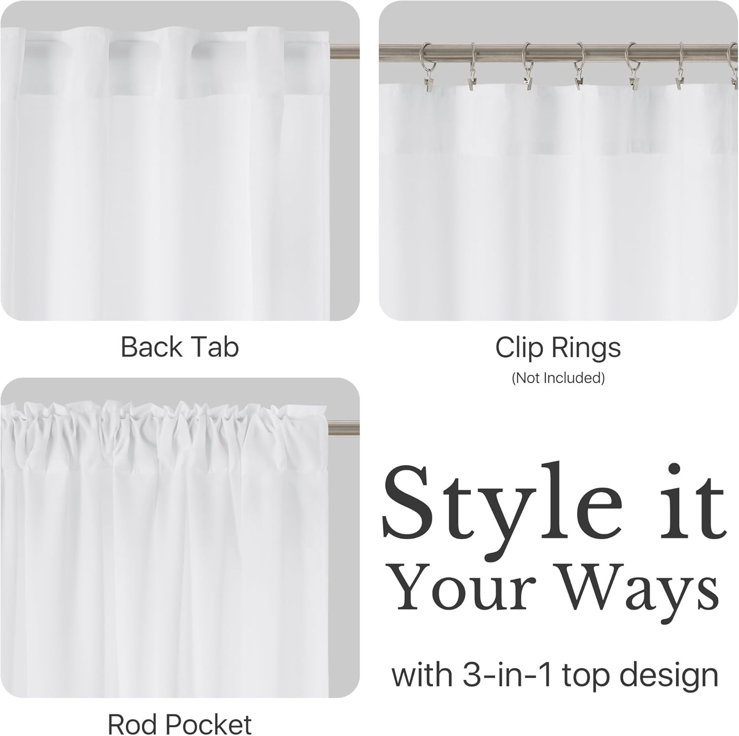 Light Filtering White Kitchen Curtains 30 inches Long 2 Panels, Privacy Non-See