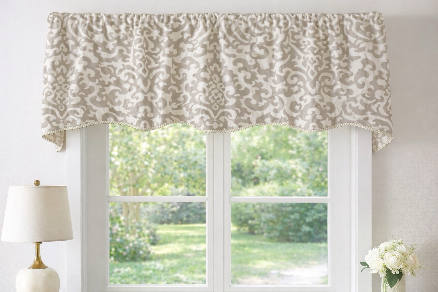 Cotton Geometric Scalloped Valance Beige White Rod Pocket 16 x 54 in