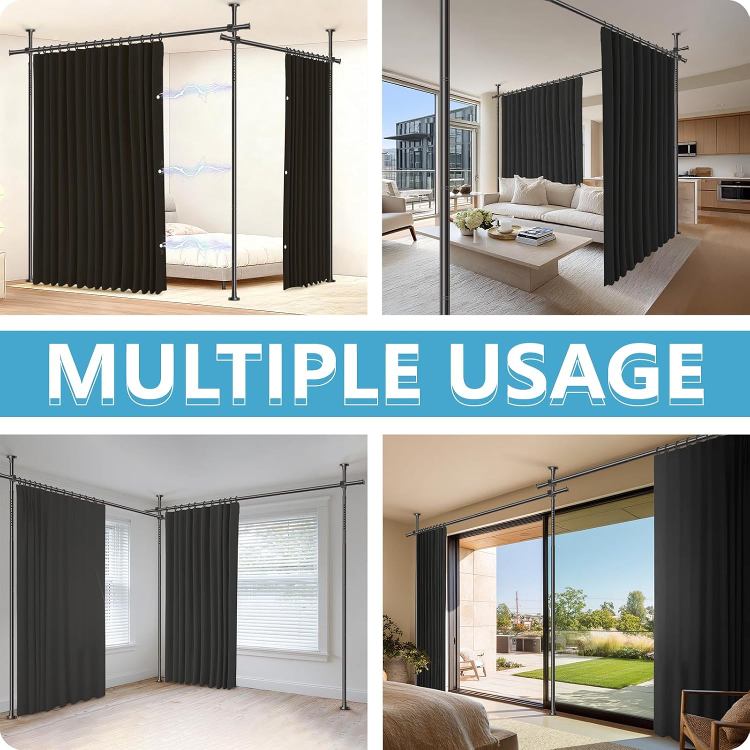 No-Drill Room Divider Curtains Set with Adjustable Pole Brackets – Black 106″x84
