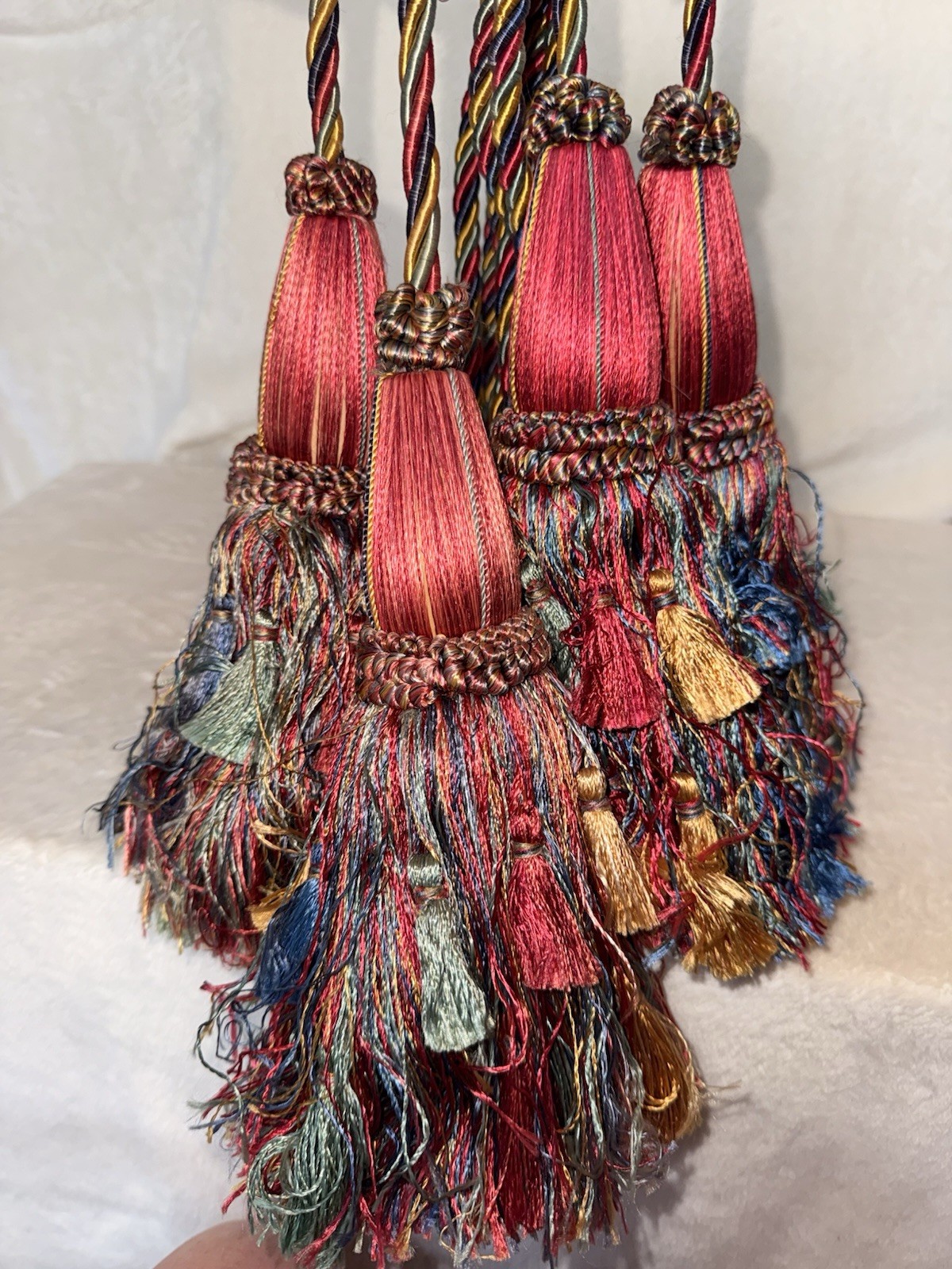 Set 2 – Vintage 10” DOUBLE TASSEL Drapery Tiebacks, 29” L, RED BLUE GREEN GOLD