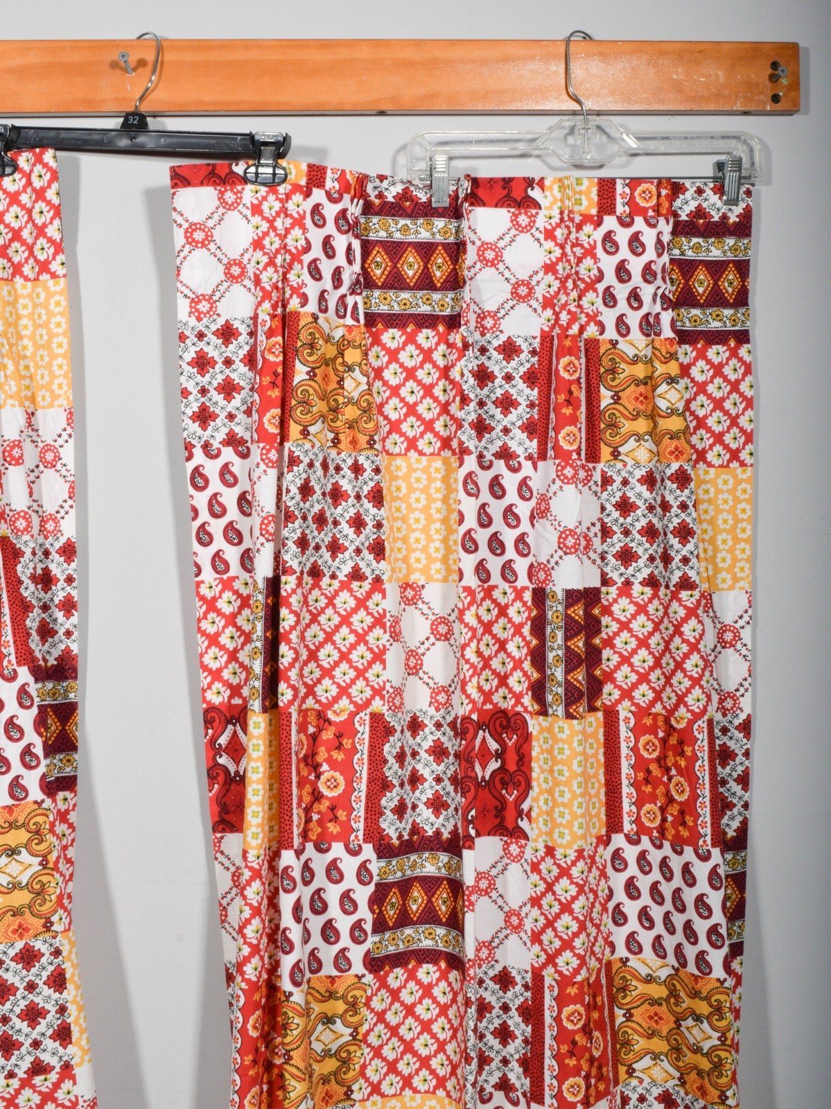 Vintage Retro Handmade Red Patchwork Print Pinch Pleat Curtain Pair 82.5″ x 39″