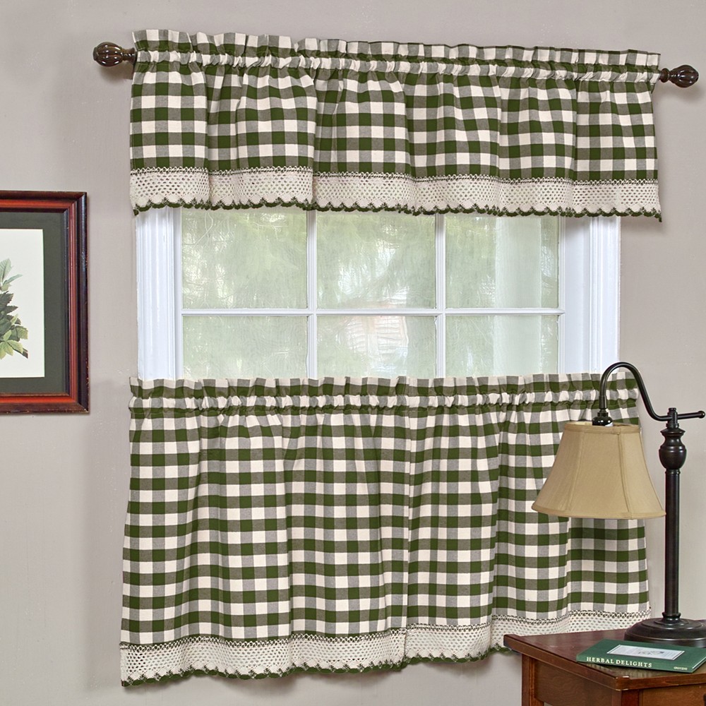 Sage Checkered Plaid Gingham Kitchen Window Curtain Drapes Panel Valance Shade