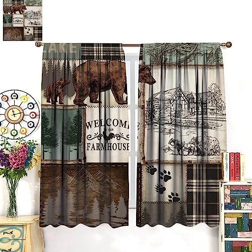 Farmhouse Bear Deer Curtains, Rustic 20.5″W x 45″L (Pack of 2) Retro Style-1