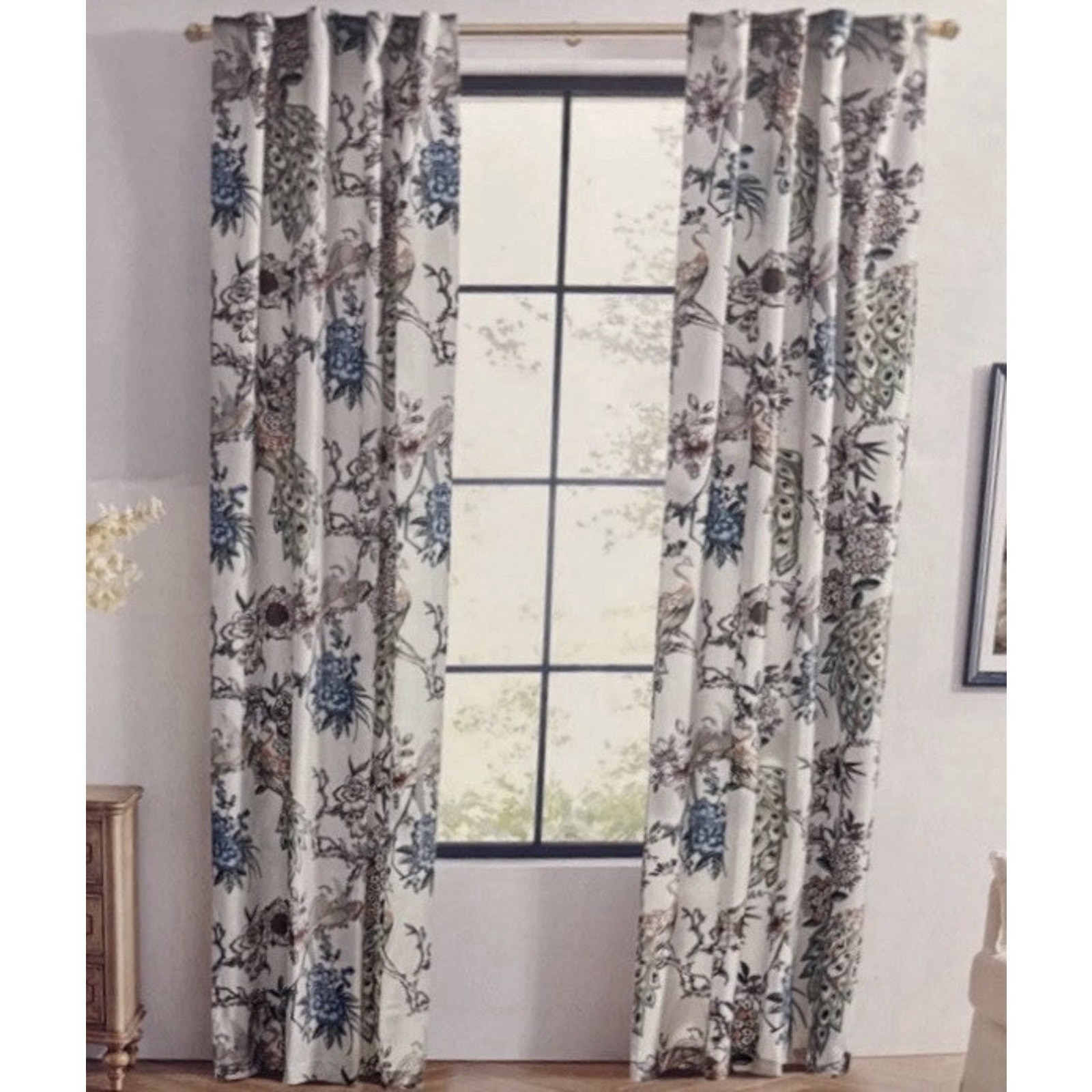 Callisto Home Peacock Bird Window Curtains Panels 38 X 96” Set Pair Ivory Drapes