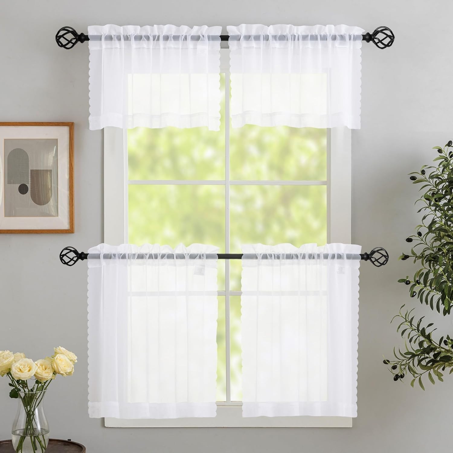 Sheer White Kitchen Tier Curtains 24 Inch 30″W x 24″L (Pack of 2) White-voile