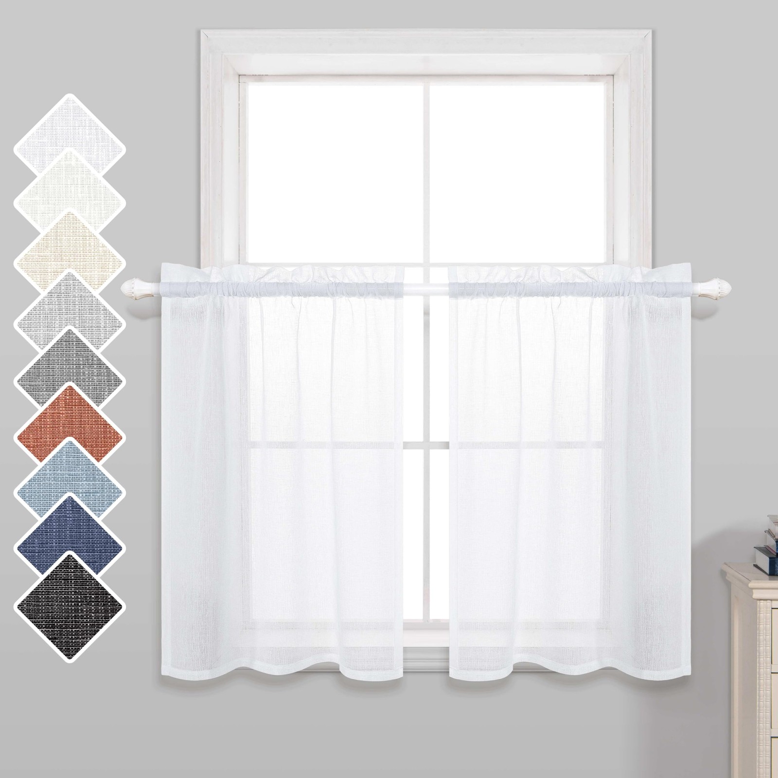 KOUFALL Short Sheer Curtains 36 Inch Length 30″W x 36″L (Pack of 2), White