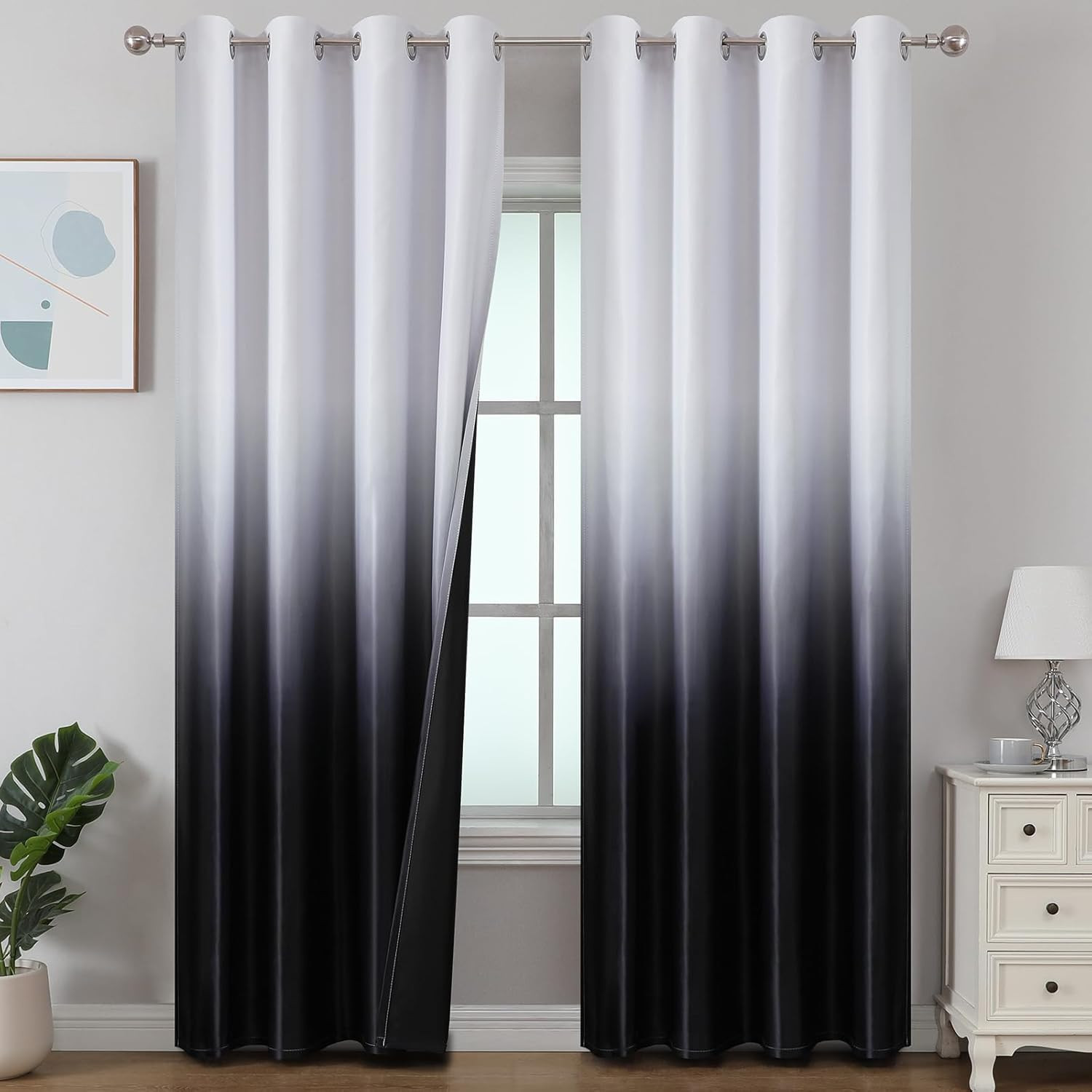 Black and Greyish White Blackout Curtains for Bedroom, Ombre Black Out Curtains