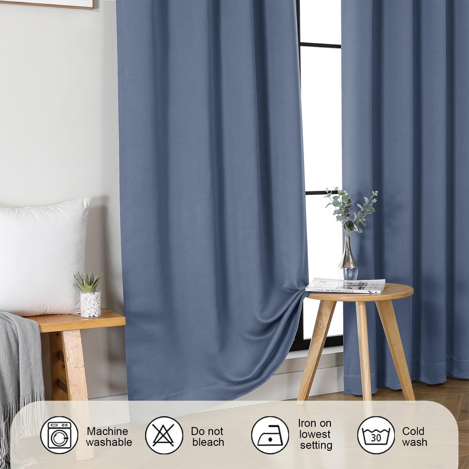 Denim Blue Blackout Curtains for Living Room 72 inches Long, Noise Reducing R…