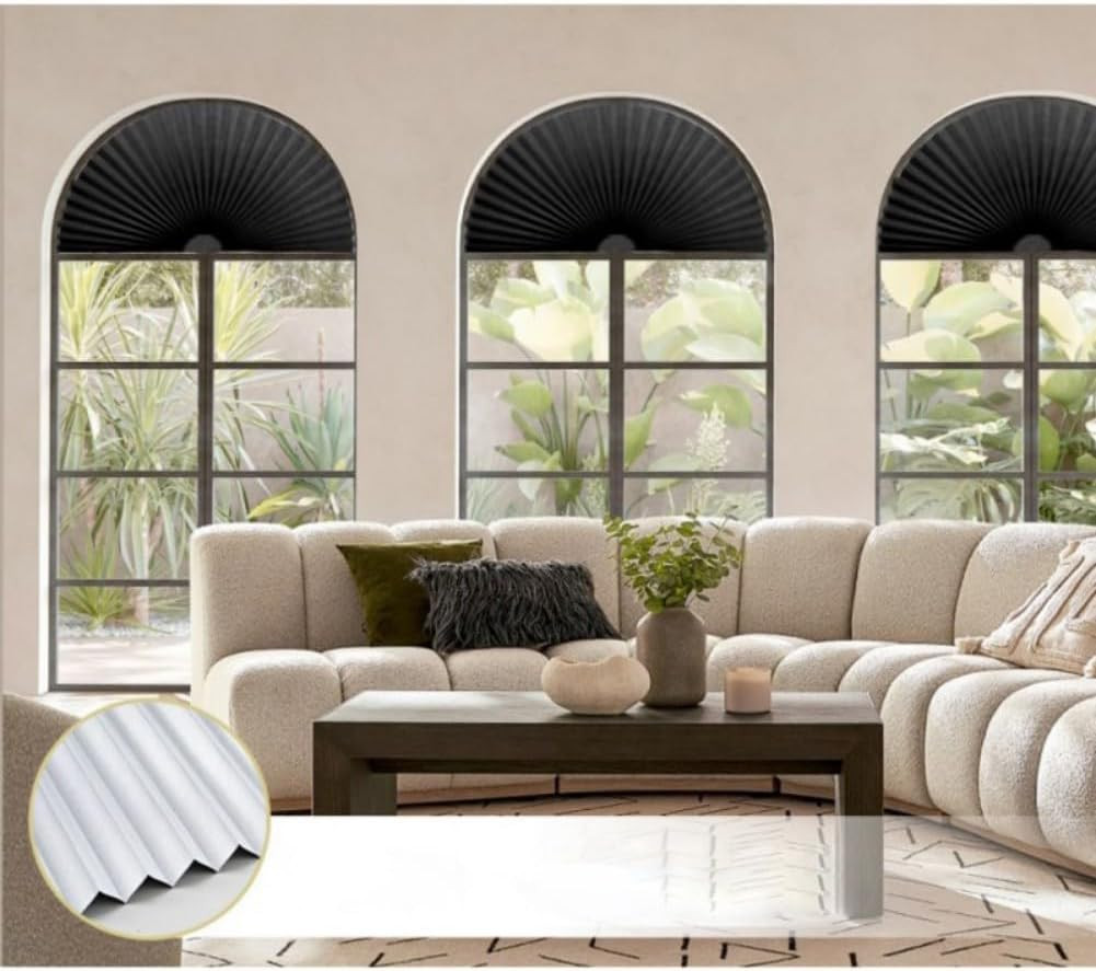 Arch Window Shade Curtains Half Circle Moon Pleated Fabric 36W x 18H Black