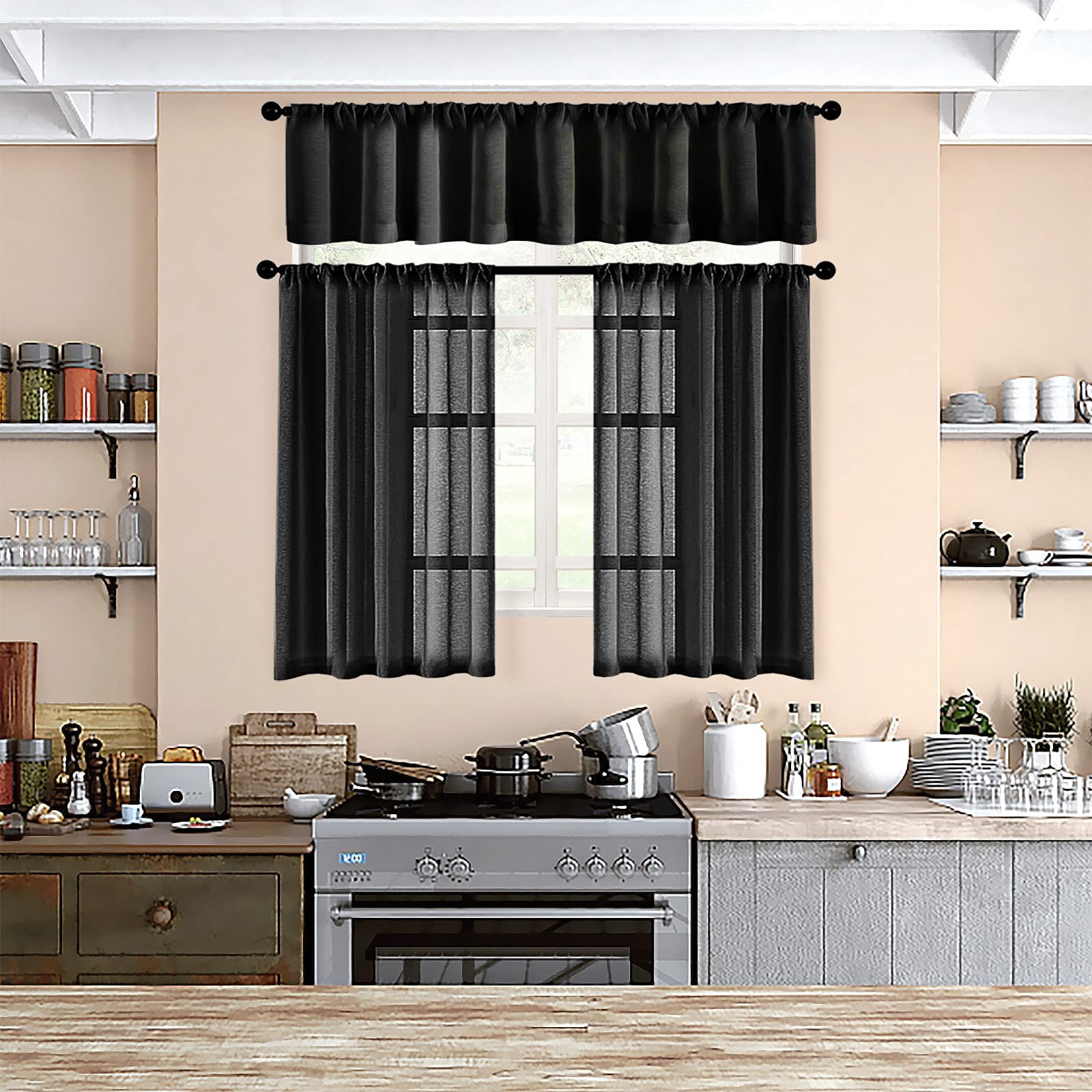 Sheer Tier Curtains Black Short Kitchen Curtains Transparent Light Filtering …
