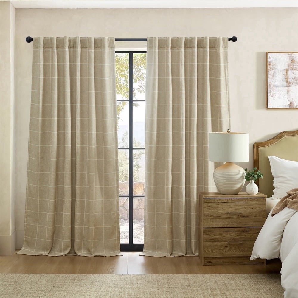 Elrene Blackout Curtain Panel Rod Pocket Back Tab Beige 52×95 Windowpane