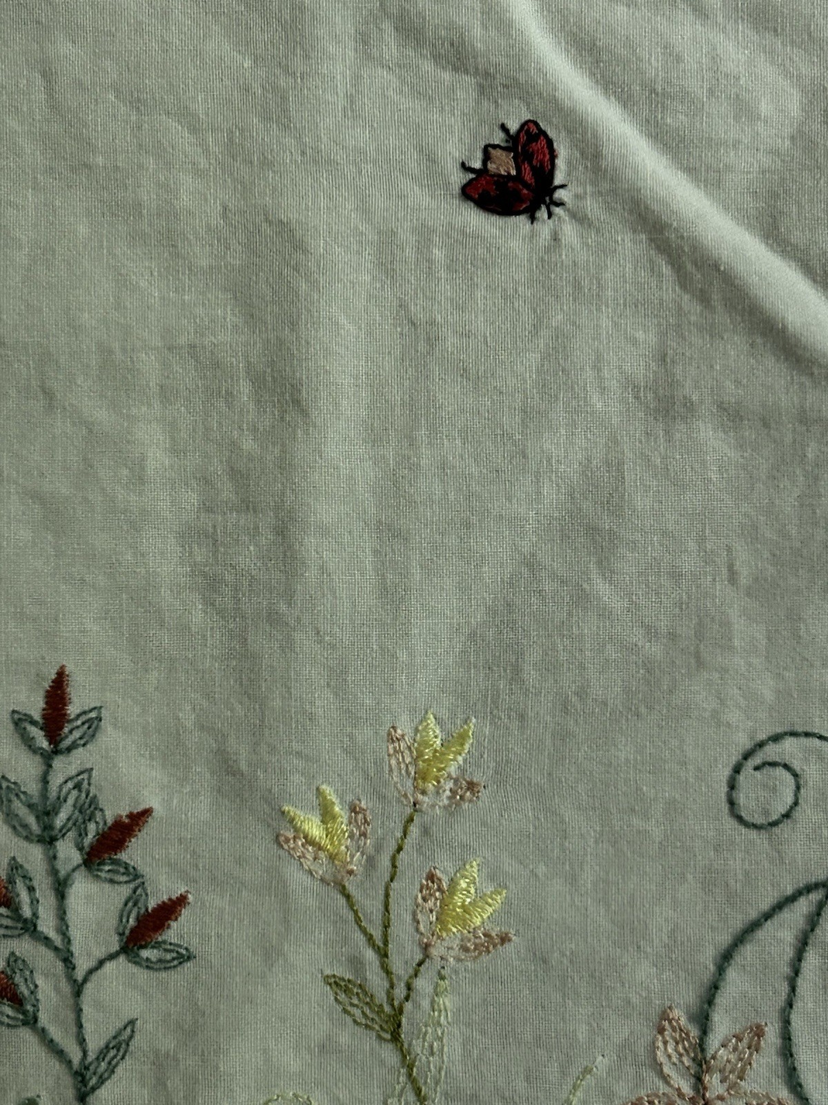 Cottage Style Hand Embroidered Cafe Curtain Panels Floral Ladybug White Scallop