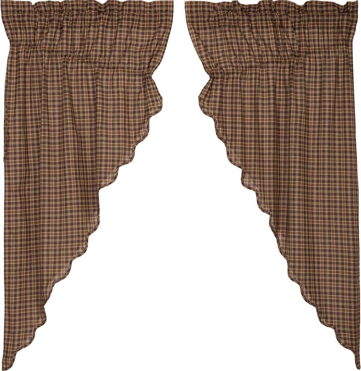 Country Drawstring Prairie Curtain Set Brown Cotton Plaid 63″ L x 72″ W Prescott