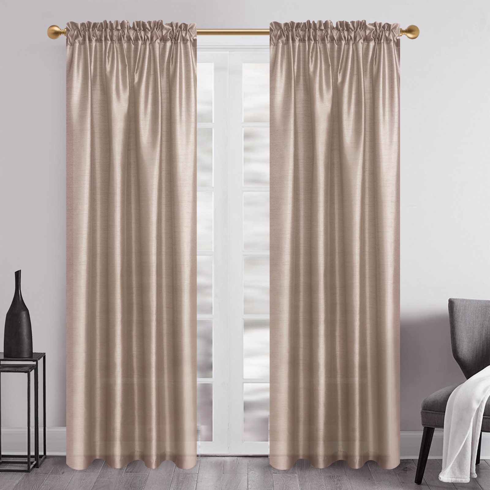 Faux Silk Semi Sheer Curtains Rod Pocket Light Reducing Silk Drapes, 2panels
