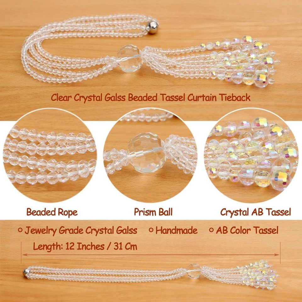 Magnetic Curtain Tiebacks, 2 Pack Crystal Beaded Tassel Sheer/Drapery Curtain Ho