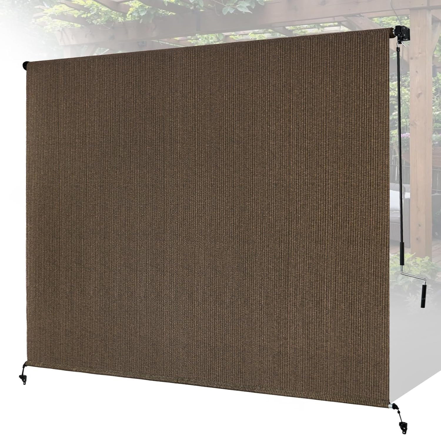 8’W X 8’H Mocha Patio Shades Roll up Outdoor Roller Shade Crank Wand Blind Cordl