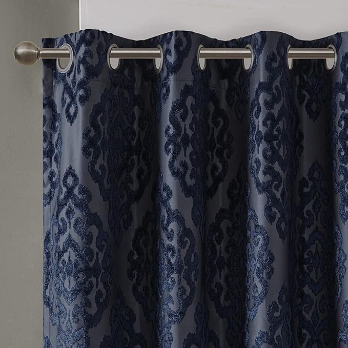 SunSmart Mirage Jacquard Damask Blackout Grommet Top 1 Curtain 50″ x 108” Navy