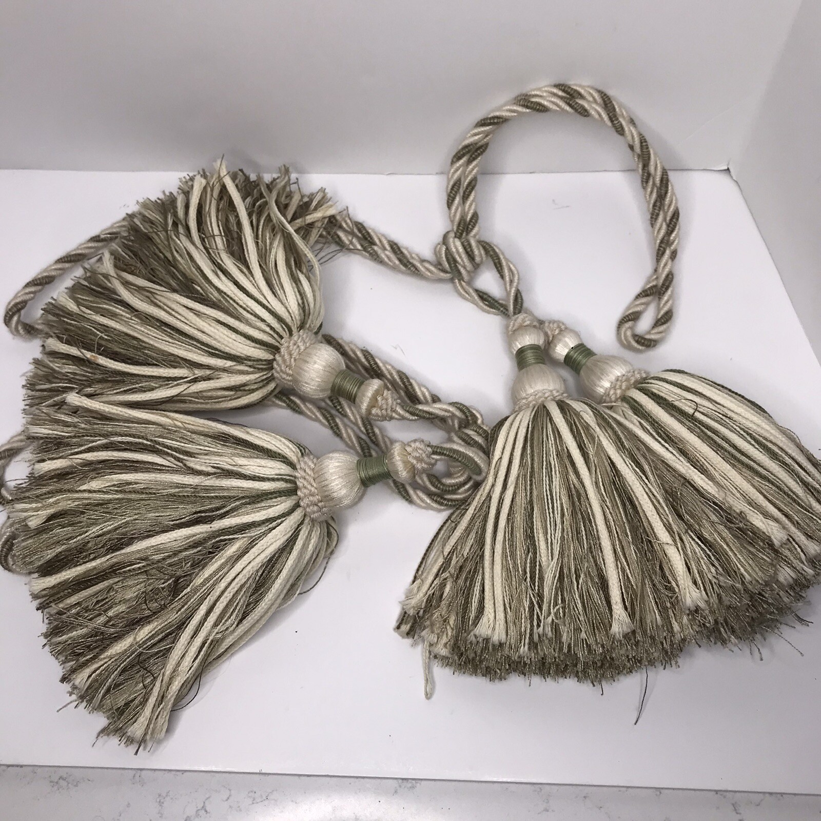2 Large Drapery Tie Backs Cord Fringe Tassels Sage Green Ivory French Country