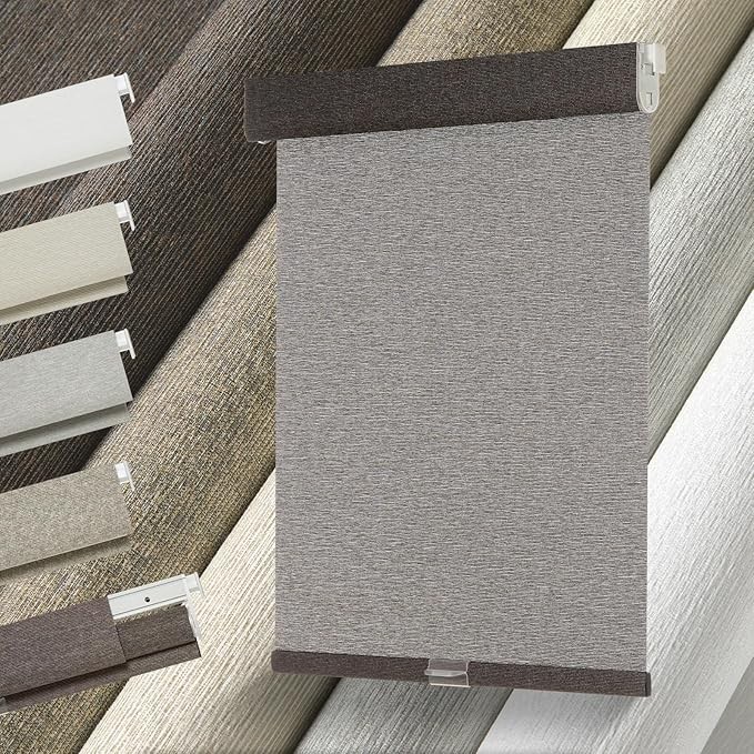 No Drill Light Filtering Roller Shades Cordless Linen Dark Brown Window Blinds