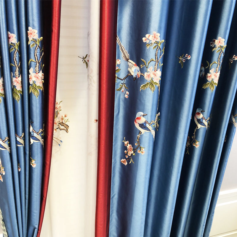 classic bird embroidery Faux silk blue cloth valance curtain tulle drape C1910