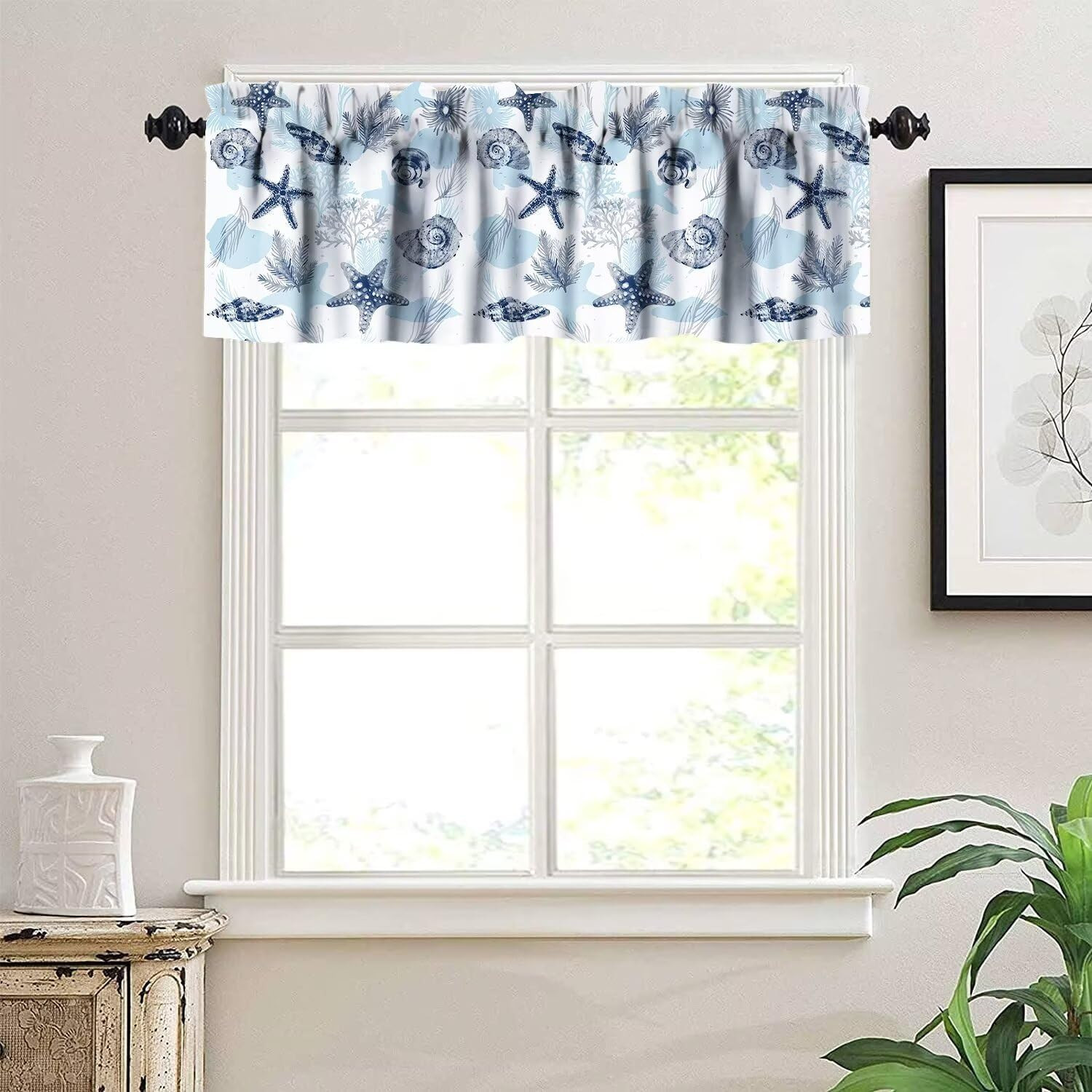 Ocean Theme Curtain Valance,Blue & White Beach Sea Starfish Seashell Print Patte
