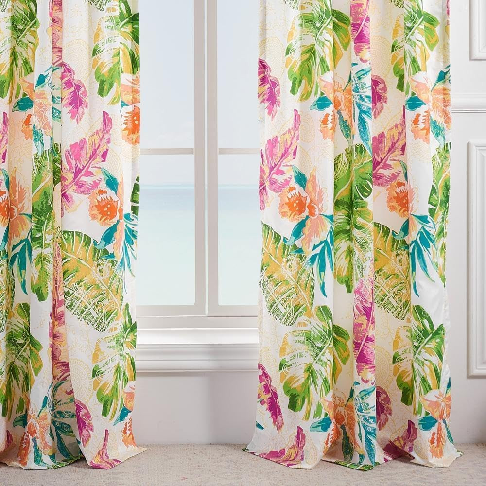 Tropical Curtain Panel Set 84 x 84 Inch Lined Window Drapes with Tie Backs Pair