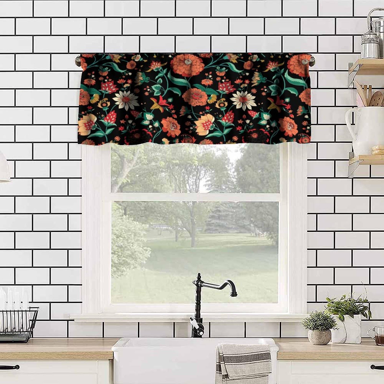 Boho Floral Valance Curtain for Kitchen Black Minimalist Rustic Hippy Mandala…